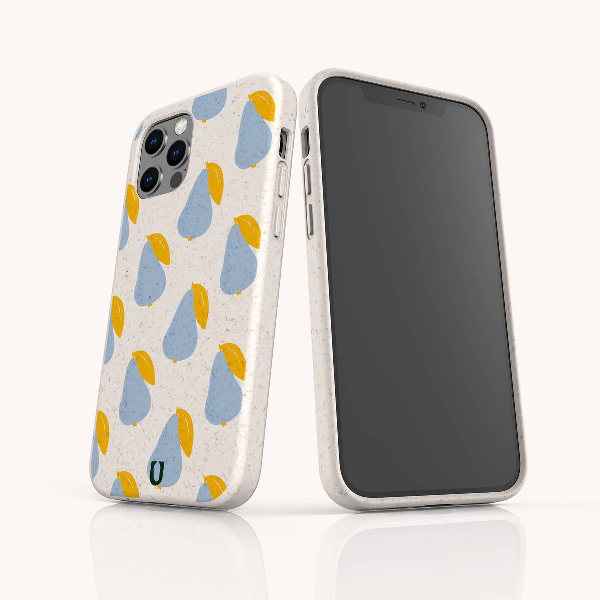 Two smartphones in Pears Biodegradable Eco-Friendly Phone Cases rest against a white background, featuring a playful blue and yellow pear pattern. One phone showcases the vibrant design, while the other displays a black screen, highlighting the sustainable style of these eco-friendly cases.
