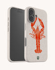 The Aragosta Eco-Friendly Biodegradable Phone Case is shown from both the front and back against a plain white background, featuring a beige, compostable design with a red lobster illustration on the back for stylish sustainability.