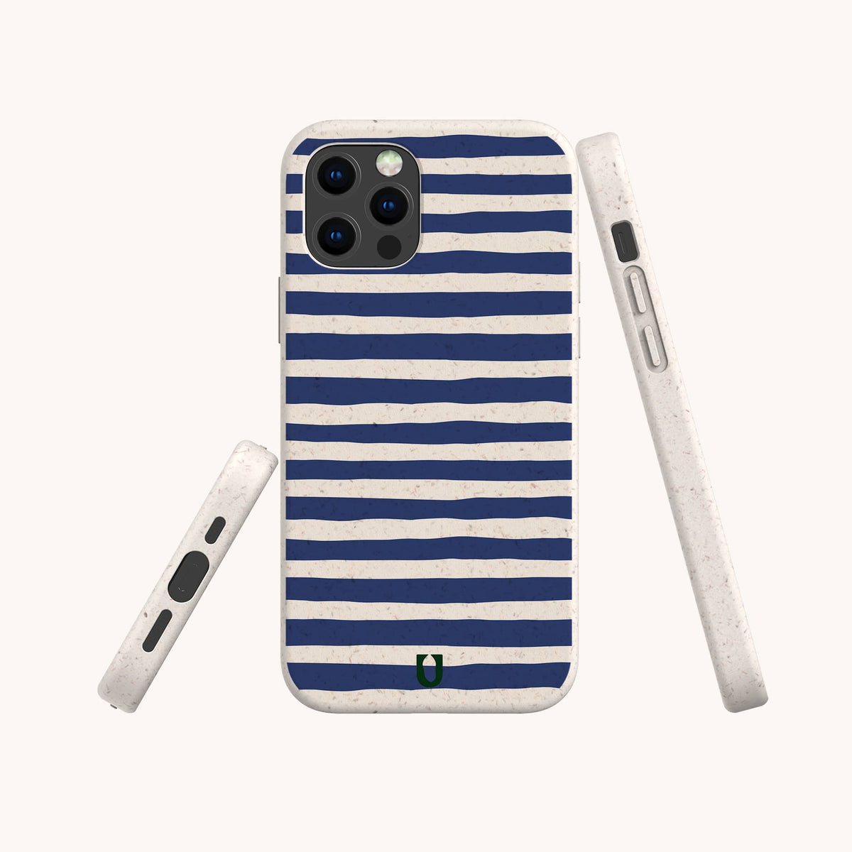The Navy Stripes Eco-Friendly Biodegradable Phone Case is showcased from several angles, featuring horizontal navy blue and white stripes with a small green logo near the bottom. This slim and protective case combines style, functionality, and sustainability.