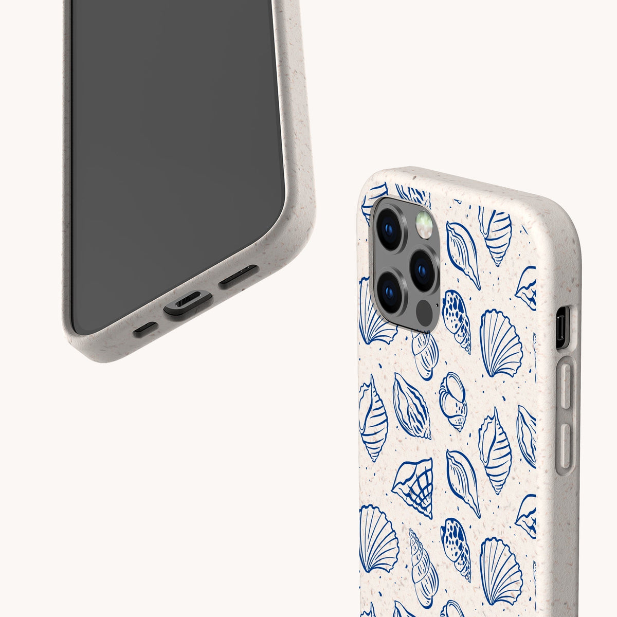 Two smartphones in speckled beige Sea Shells Eco-Friendly Phone Cases are displayed from various angles to showcase the eco-friendly texture; one case highlights a blue seashell pattern.