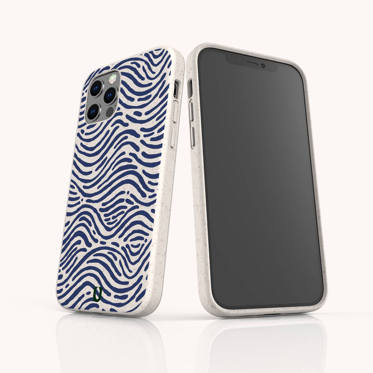 Two smartphones with white, biodegradable Ocean Waves Eco-Friendly Phone Cases featuring a blue, wavy line pattern reminiscent of ocean waves. One phone displays its screen, while the other showcases the stylish Ocean Waves Eco-Friendly Phone Case design on the back and camera area. Both devices stand upright on a white surface, emphasizing their sustainable and eco-friendly appeal.