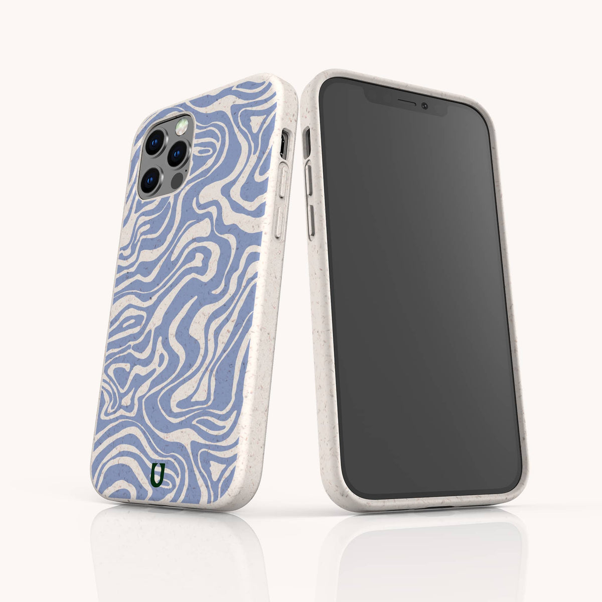 Two smartphones in Blue Marble Swirl Eco-Friendly Phone Cases—white, compostable cases with blue wavy abstract patterns; one phone displays the camera side, while the other shows the screen. Each case features a small green and black logo at the bottom.