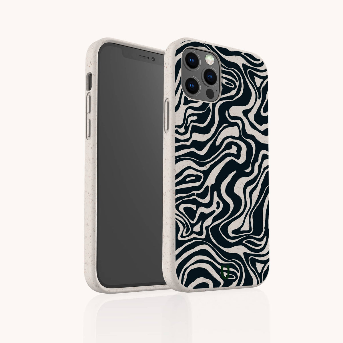 The Black Marble Swirl Eco-Friendly Phone Case, featuring a striking black-and-white abstract wavy pattern, combines style and sustainability. The case is displayed from both the back and front against a plain light background.