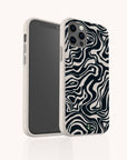 The Black Marble Swirl Eco-Friendly Phone Case, featuring a striking black-and-white abstract wavy pattern, combines style and sustainability. The case is displayed from both the back and front against a plain light background.