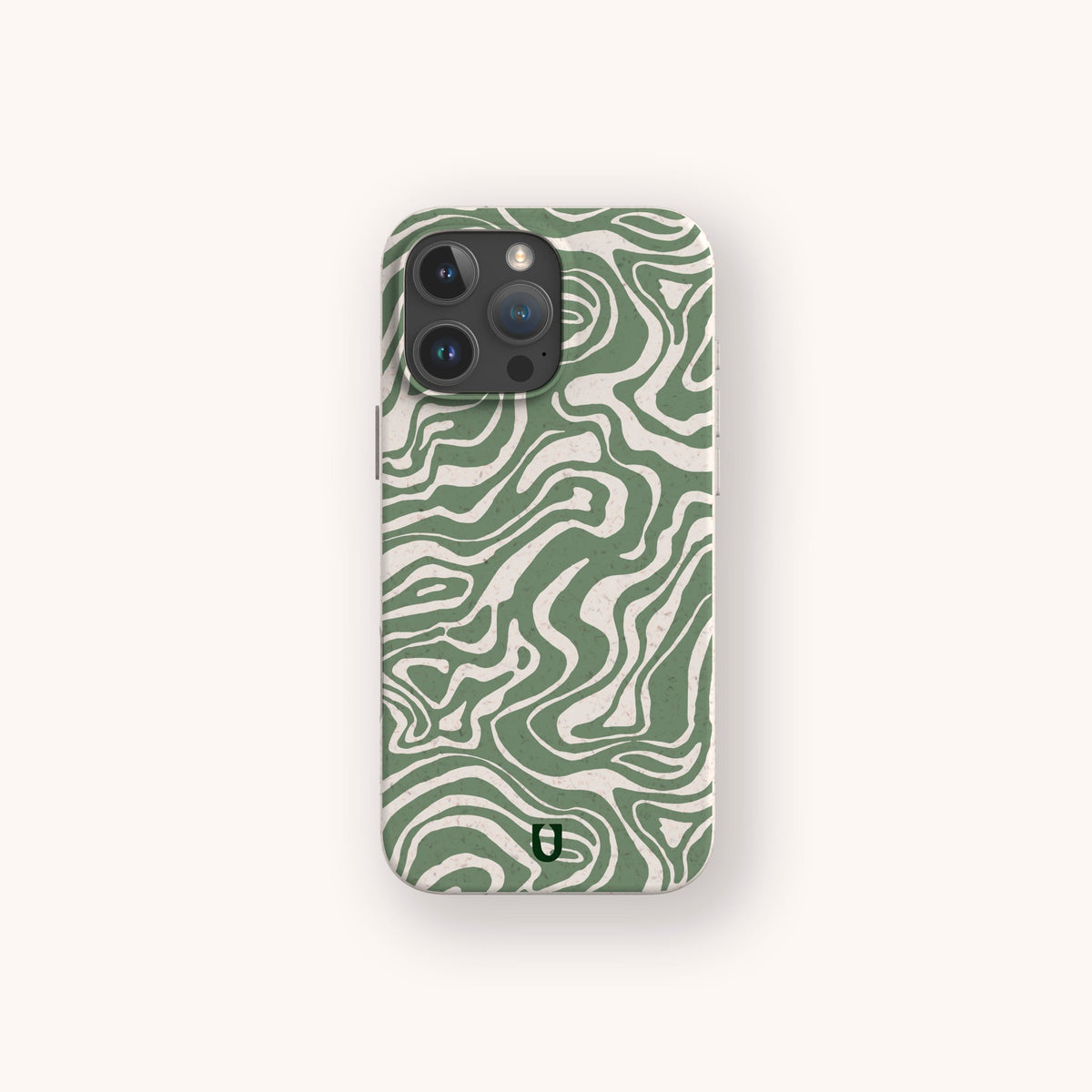 The Green Marble Swirl Eco-Friendly Phone Case is shown from the back on a plain light background, displaying its green and white wavy abstract design and a small black logo near the bottom center.
