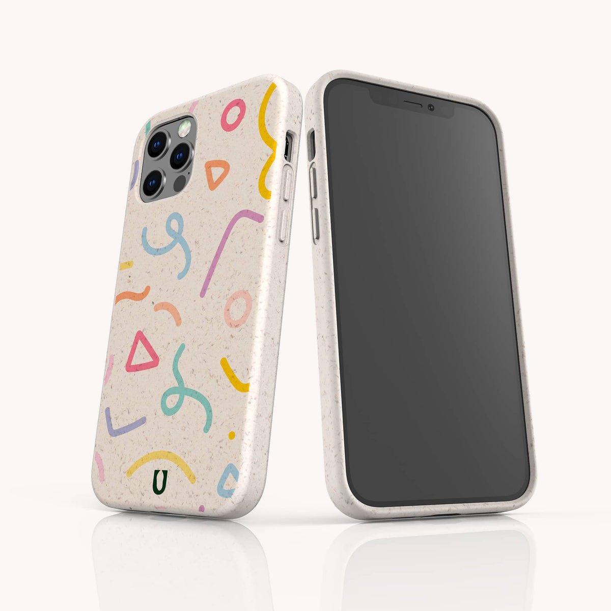Two smartphones display the Confetti Eco-Friendly Phone Case in speckled beige, featuring vibrant abstract squiggles, lines, and shapes. One phone showcases the unique back design, while the other shows its blank black screen turned forward. These sustainable cases are compatible with both iPhone and Samsung devices.