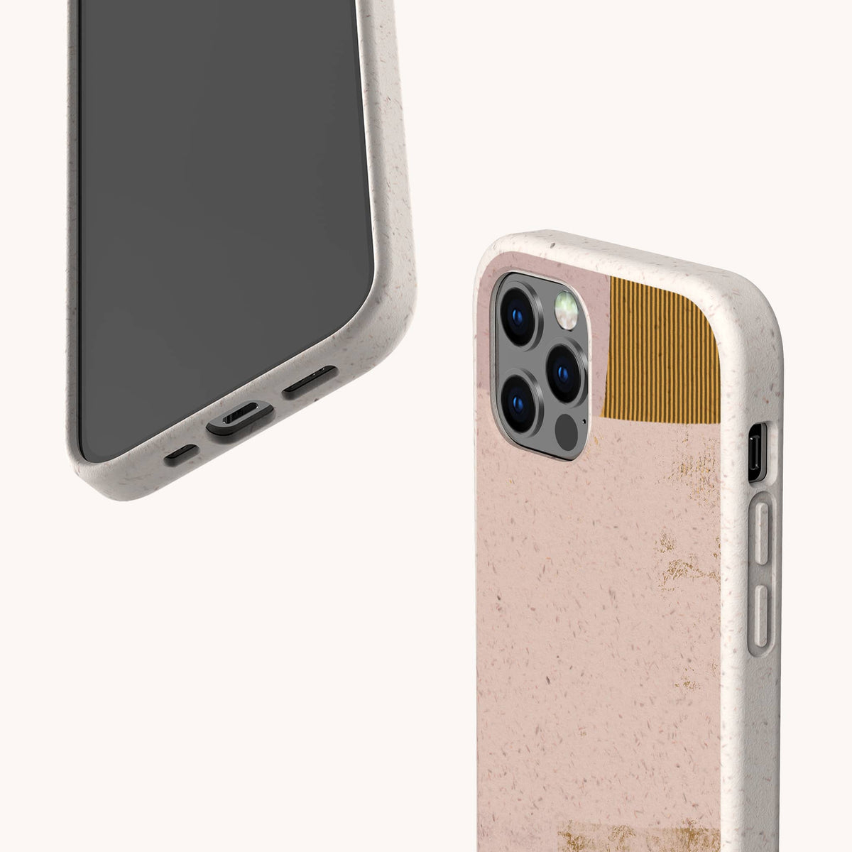 Two smartphones with Caramel Abstract Strokes Eco-Friendly Phone Cases in beige are displayed—one reveals the screen and charging port, while the other showcases the back, featuring gold and pink accents near the camera. These cases offer sustainable protection compatible with both iPhone and Samsung devices.
