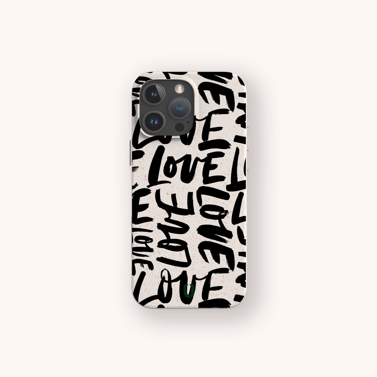 The Love Words Eco-Friendly Biodegradable Phone Case is a beige smartphone case featuring the word “LOVE” repeatedly written in bold, black, handwritten-style letters oriented in various directions.