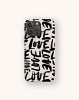 The Love Words Eco-Friendly Biodegradable Phone Case is a beige smartphone case featuring the word “LOVE” repeatedly written in bold, black, handwritten-style letters oriented in various directions.