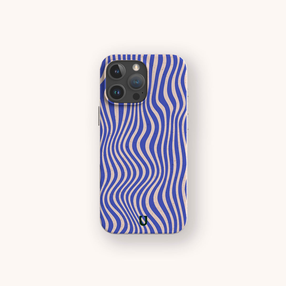 A Cobalt Distort Lines Eco-Friendly Phone Case, featuring blue and beige wavy stripes in an optical illusion design, is shown on a smartphone (compatible with both iPhone and Samsung Galaxy), centered against a plain, light background.