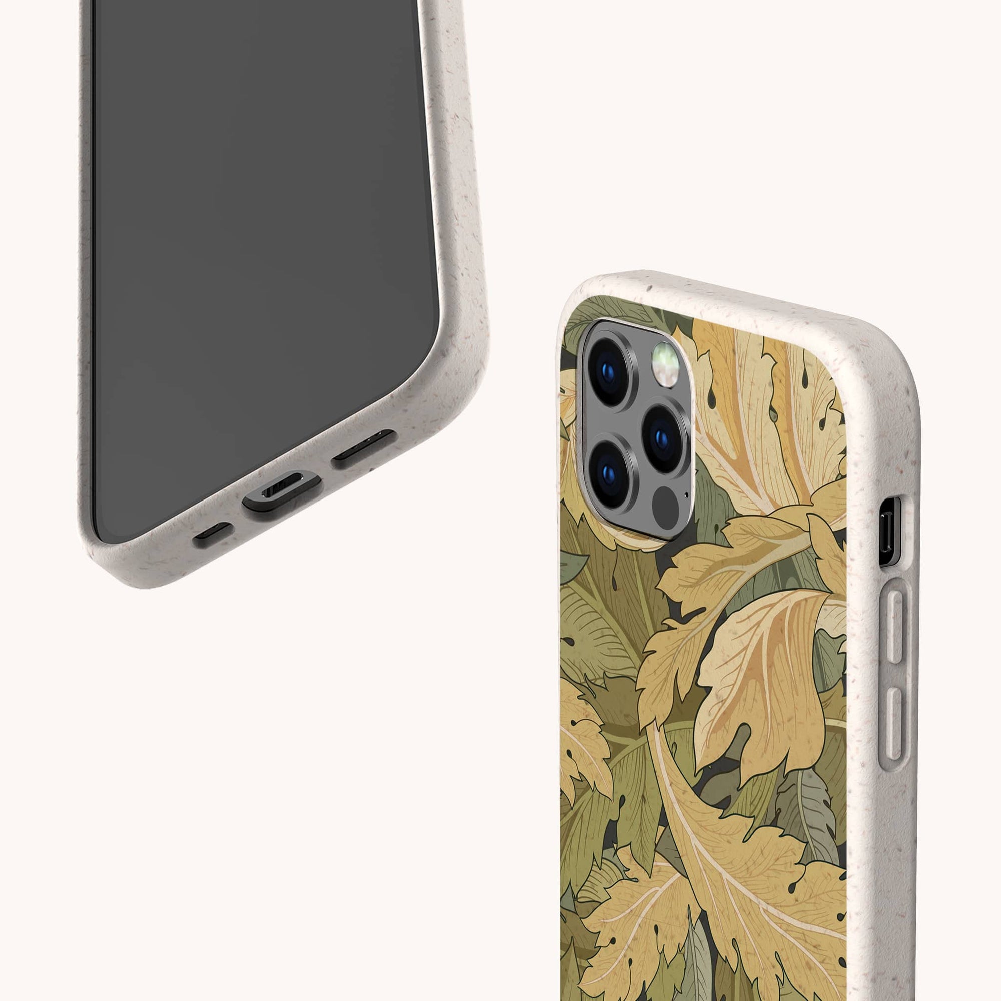 Two Flower Garden Eco-Friendly Phone Cases in biodegradable beige: one displays the screen and ports, the other shows a leafy green and yellow pattern. Compatible with iPhone and Samsung Galaxy models.