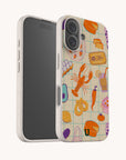Two smartphones display the Taste of Summer Eco-Friendly Biodegradable Phone Case, adorned with colorful illustrations of seafood, food items, utensils, and French text on a cream grid-patterned background. These plastic-free cases are not only stylish but also biodegradable, making them the perfect sustainable accessory for any device.