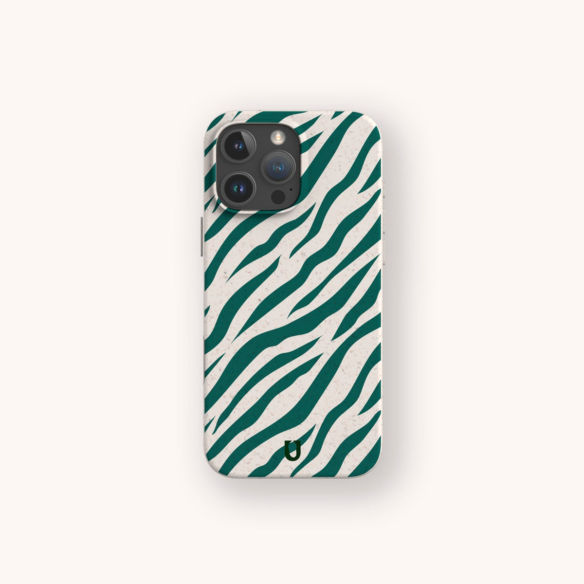 The Green Zebra Stripes Eco-Friendly Phone Case, featuring bold green and white zebra stripes, is displayed on a smartphone against a light background. The case provides a stylish yet sustainable look, with the cameras visible in the upper left corner.