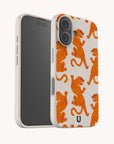 Showcasing the Tigers Eco-Friendly Biodegradable Phone Case: one angle displays the back, featuring a playful pattern of orange tigers on a white background, while the other reveals the sleek, plain black front of your phone. This stylish and sustainable case offers a biodegradable solution, making it an ideal plastic-free alternative for eco-conscious users.