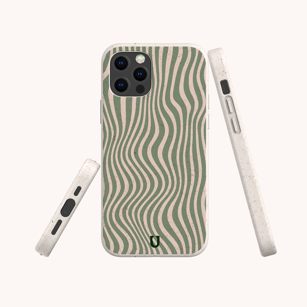 The Green Distorted Lines Eco-Friendly Phone Case is displayed from the back, side, and bottom against a light background, highlighting its sustainable design with wavy green and beige striped patterns. This case features precise cutouts for the camera, buttons, and ports, and is compatible with both iPhone and Samsung models.