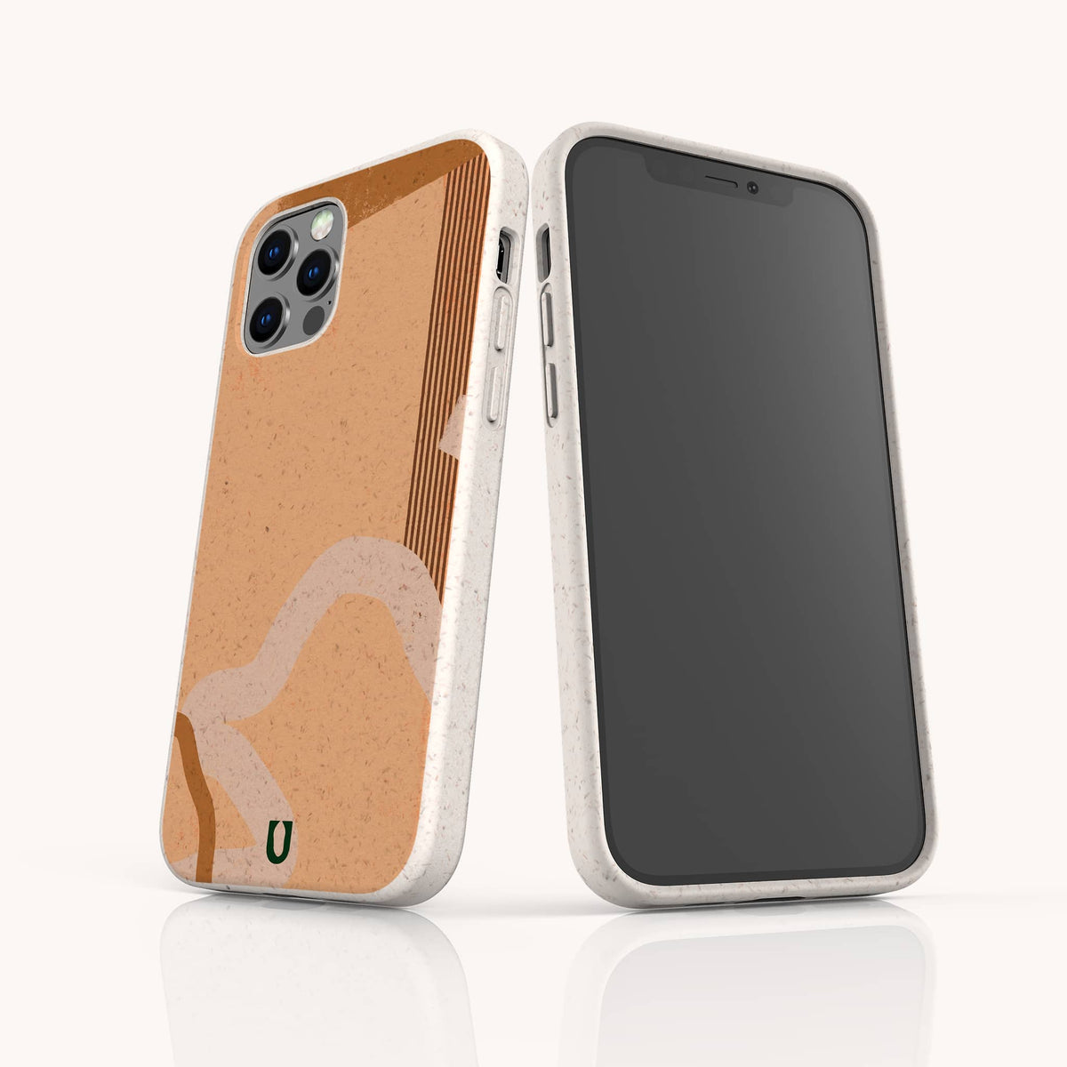 Two smartphones with beige cases are displayed—one reveals the front screen, while the other showcases the back of the Terracotta Abstract Strokes Eco-Friendly Biodegradable Phone Case, featuring an abstract tan and brown design accented by a small green horseshoe emblem. This case combines stylish artistry with sustainability, making it a conscientious choice.