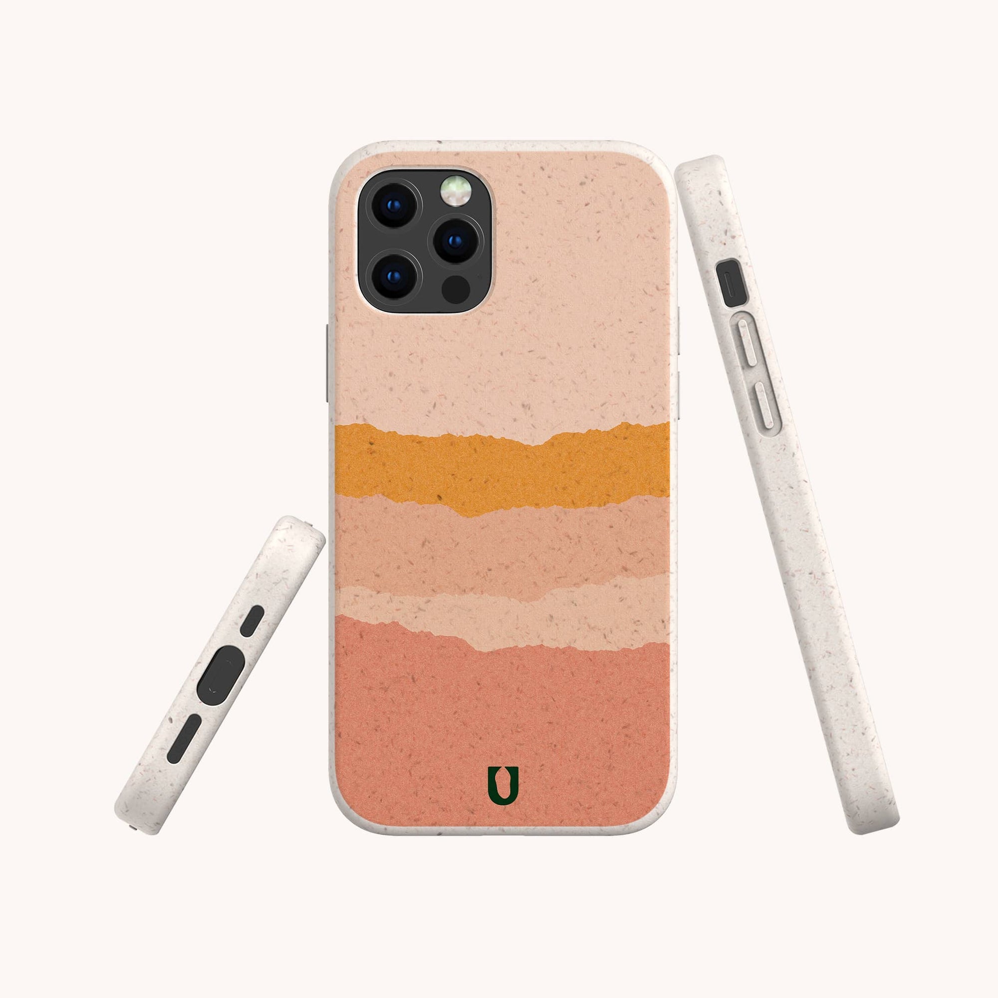The Valleys Eco-Friendly Phone Case features a compostable design with horizontal pink, peach, and orange stripes. Compatible with iPhone and Samsung Galaxy, it's shown from the back, side, and bottom on a light background.
