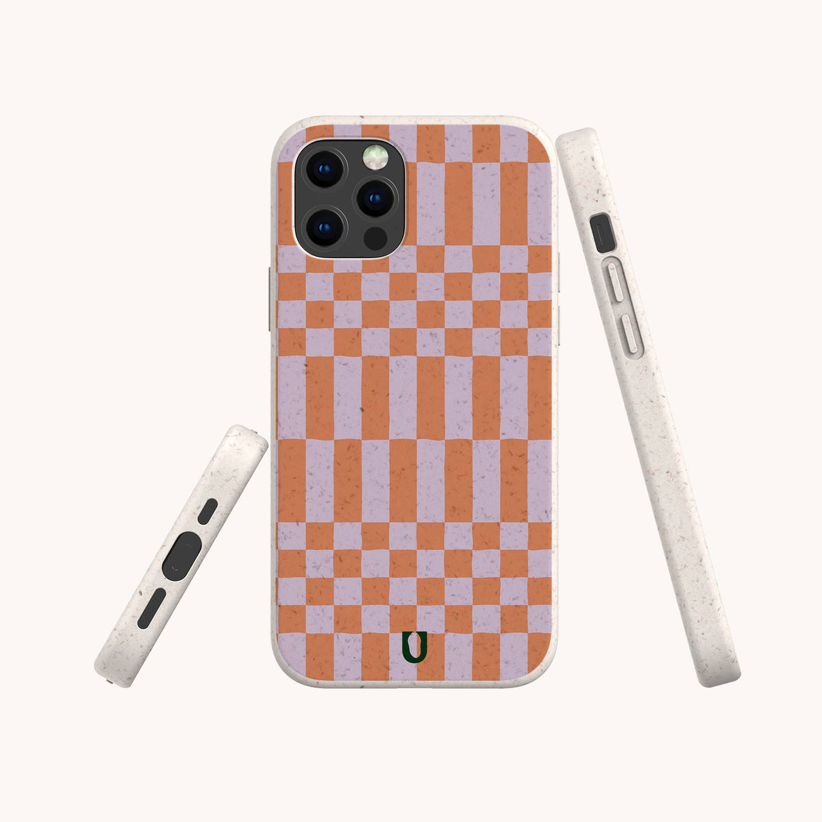 Three views of the Orange and Purple Checker Eco-Friendly Biodegradable Phone Case, showcasing its vibrant checkerboard pattern and eco-friendly materials. The case features a speckled off-white border and precise cutouts for the camera, buttons, and charging port.