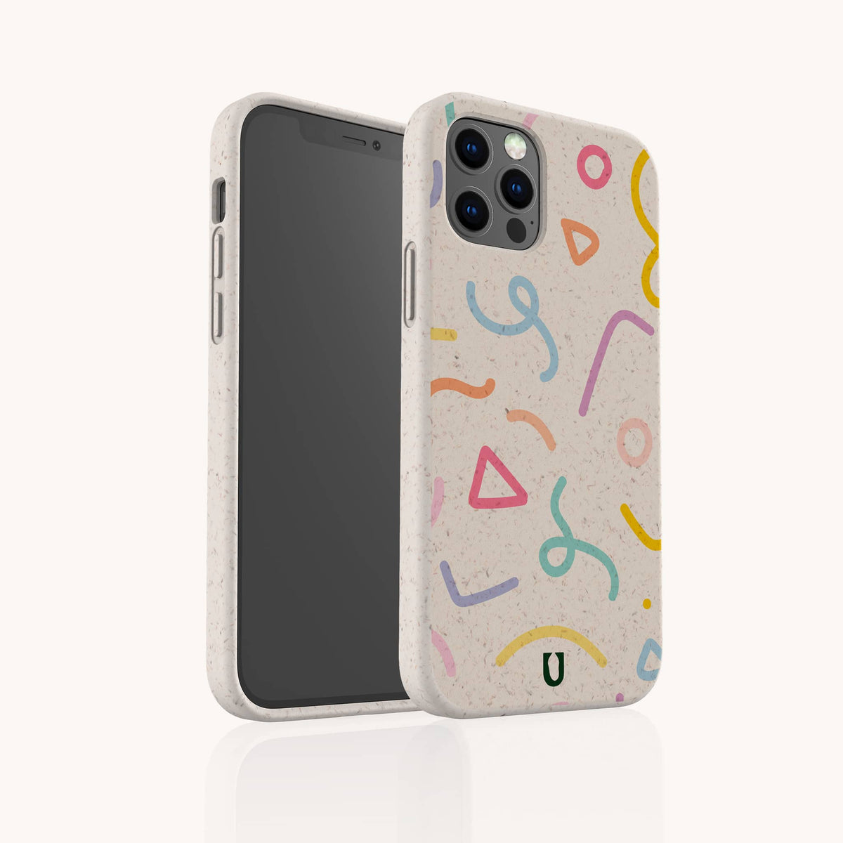 Smartphone with the Confetti Eco-Friendly Phone Case in beige, decorated with vibrant abstract shapes in pink, yellow, blue, and orange; case is shown from both front and back angles on a light background. This biodegradable phone case is compatible with iPhone and Samsung models.