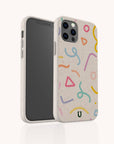 Smartphone with the Confetti Eco-Friendly Phone Case in beige, decorated with vibrant abstract shapes in pink, yellow, blue, and orange; case is shown from both front and back angles on a light background. This biodegradable phone case is compatible with iPhone and Samsung models.