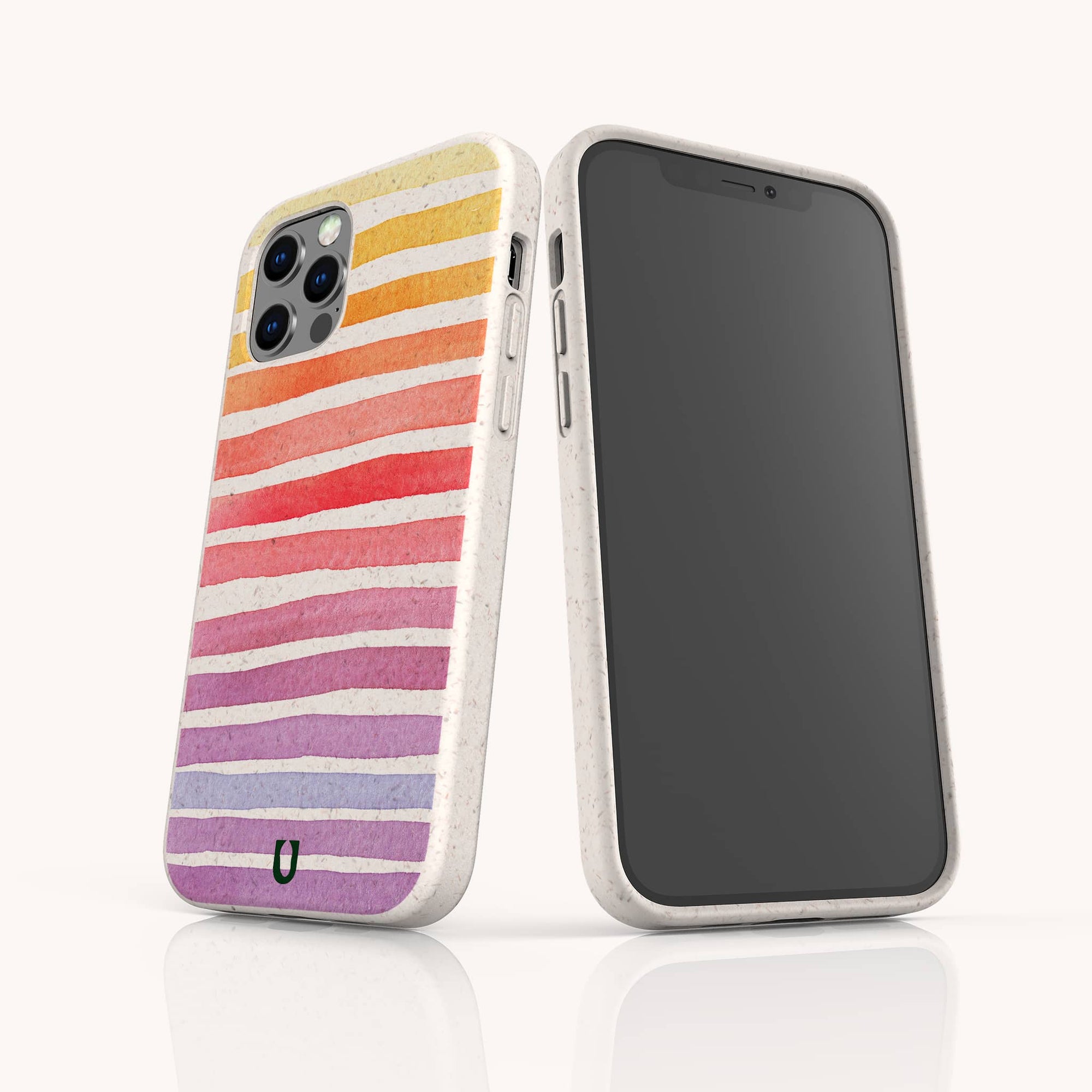 Two smartphones with white, speckled Summer Rainbow Eco-Friendly Phone Cases; one reveals the screen, the other displays a hand-painted yellow, orange, red, and purple gradient—made from compostable materials for iPhone and Samsung devices.