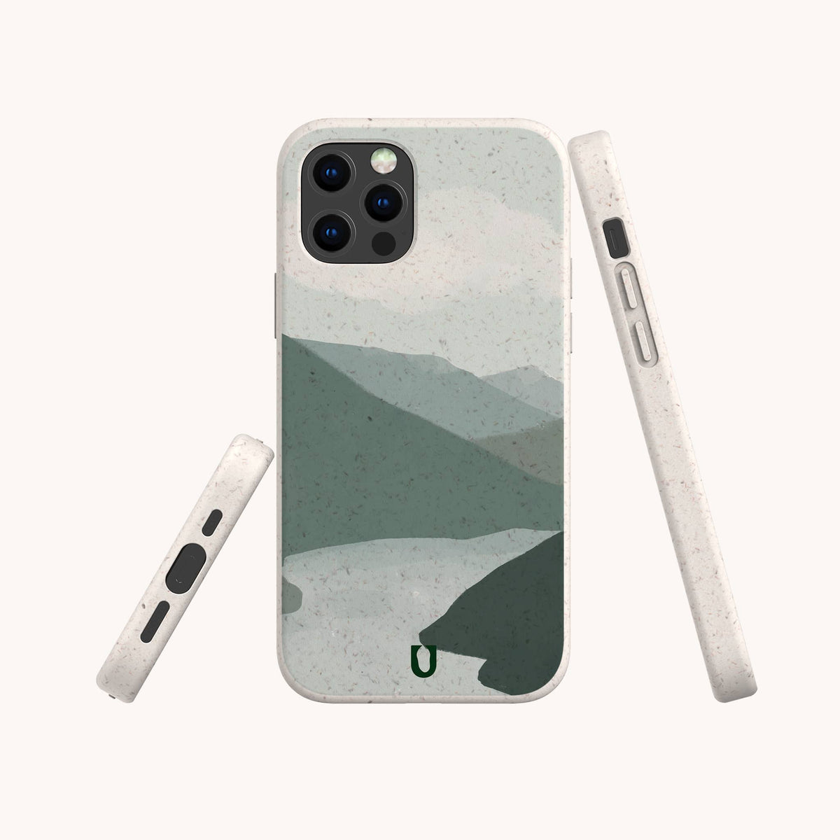 Introducing the Blue Watercolour Landscape Eco-Friendly Phone Case, featuring a minimalistic mountain and river design in soothing watercolour tones. Shown from front, side, and bottom angles against a light background, this biodegradable phone case perfectly blends style and sustainability.