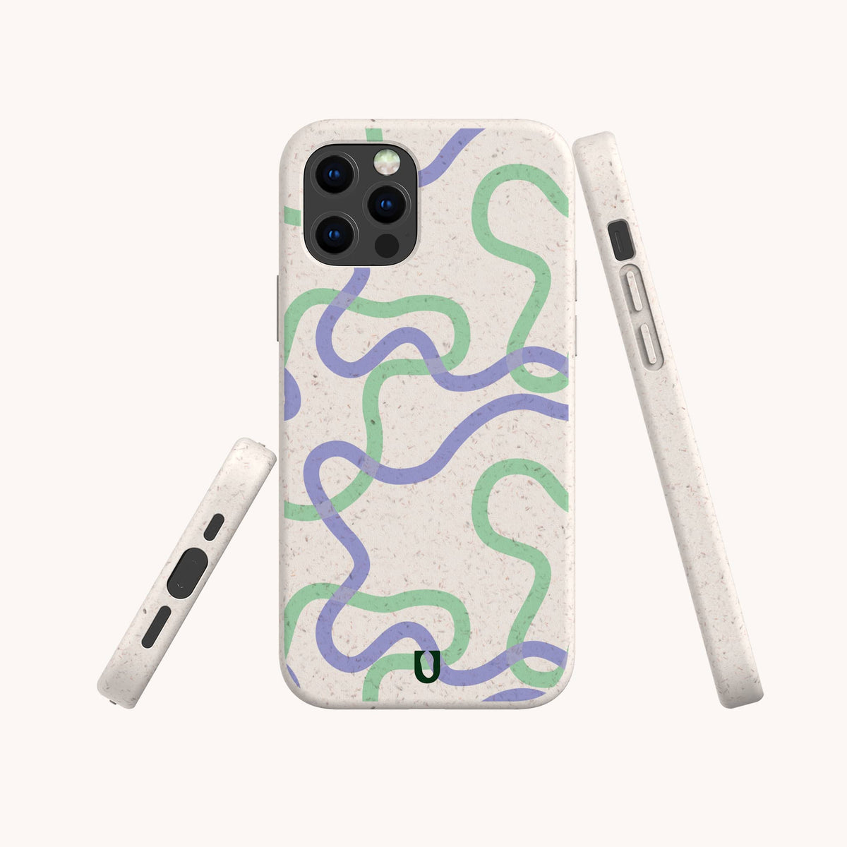 Four views of the Purple and Green Swirls Eco-Friendly Biodegradable Phone Case, featuring a speckled design with purple and green swirled lines on a light background, shown from the back, both sides, and the bottom.