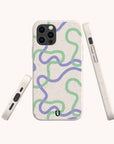 Four views of the Purple and Green Swirls Eco-Friendly Biodegradable Phone Case, featuring a speckled design with purple and green swirled lines on a light background, shown from the back, both sides, and the bottom.