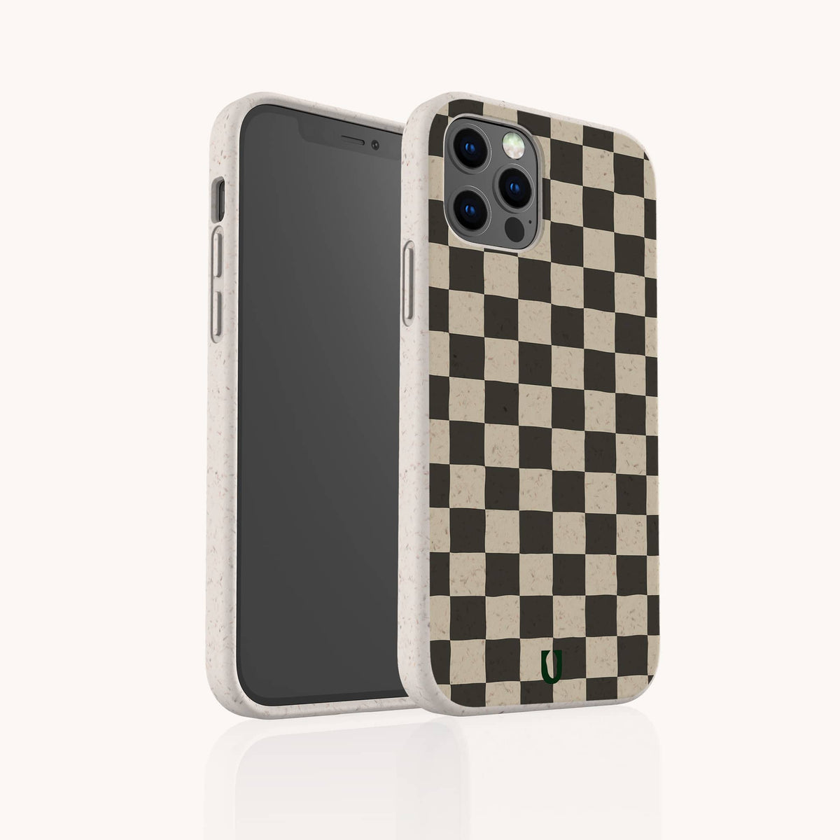 The Black Checker Eco-Friendly Phone Case, showcasing a black and beige checkerboard pattern, is displayed standing upright against a plain white background.