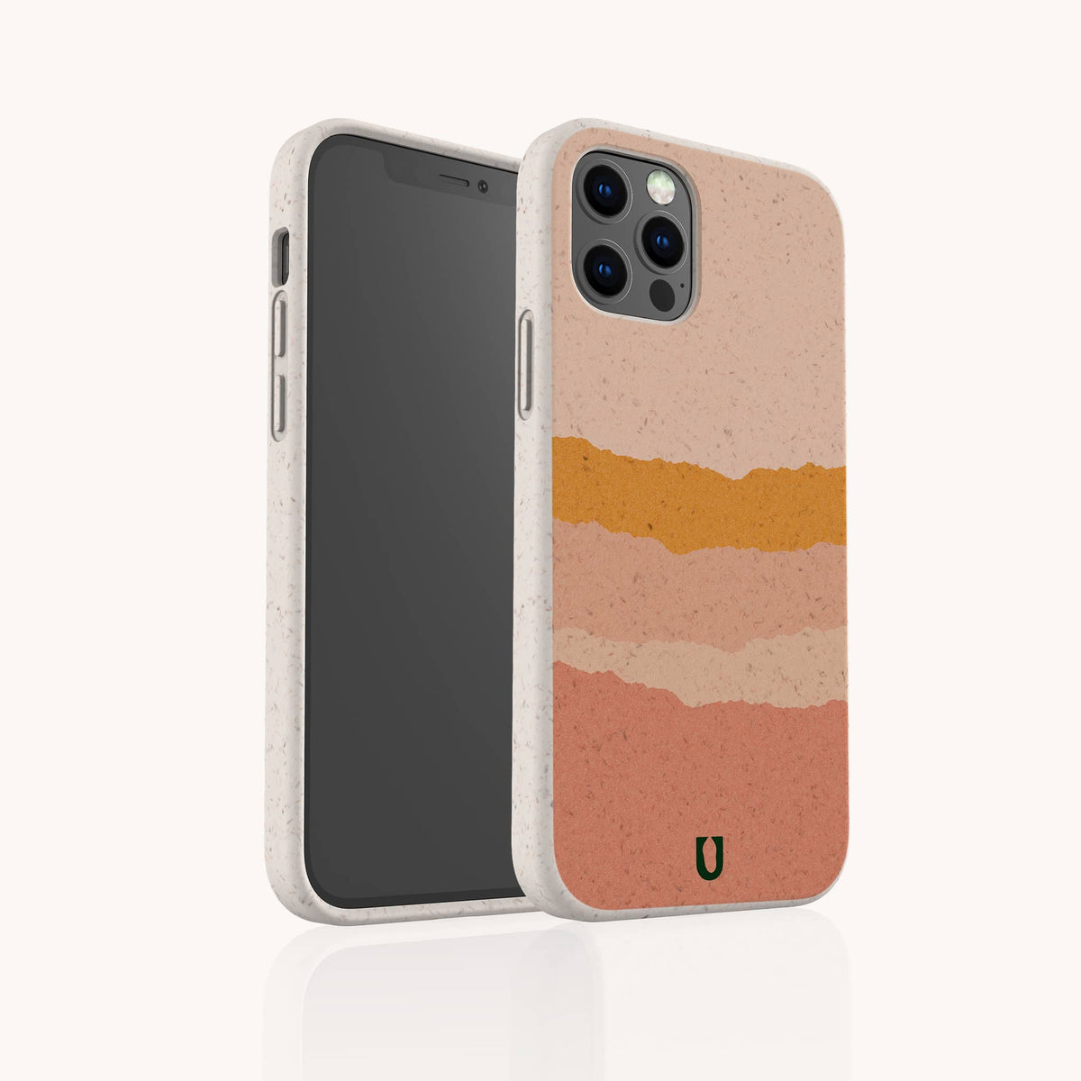 A smartphone with the Valleys Eco-Friendly Phone Case, showcasing a beige speckled design with layered, wavy bands in pink, orange, and yellow tones. The phone’s camera and screen are visible.