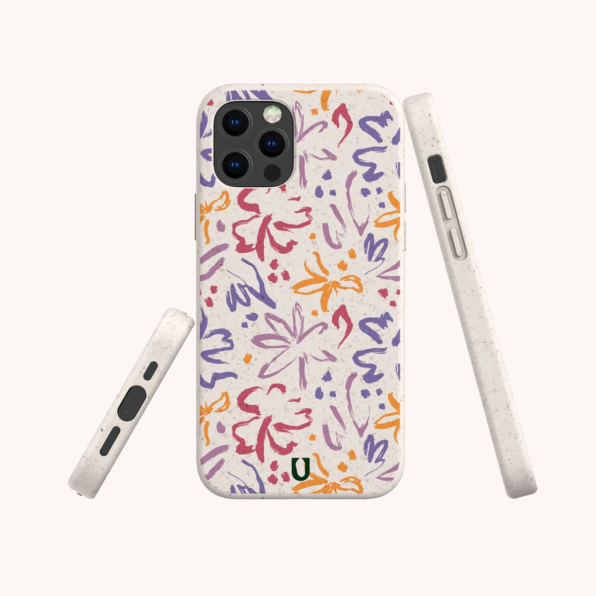 Three views of a smartphone featuring the Flower Strokes Eco-Friendly Phone Case in a white finish, adorned with vibrant orange, purple, and red abstract floral patterns. The sustainable case also includes a small green logo at the bottom.