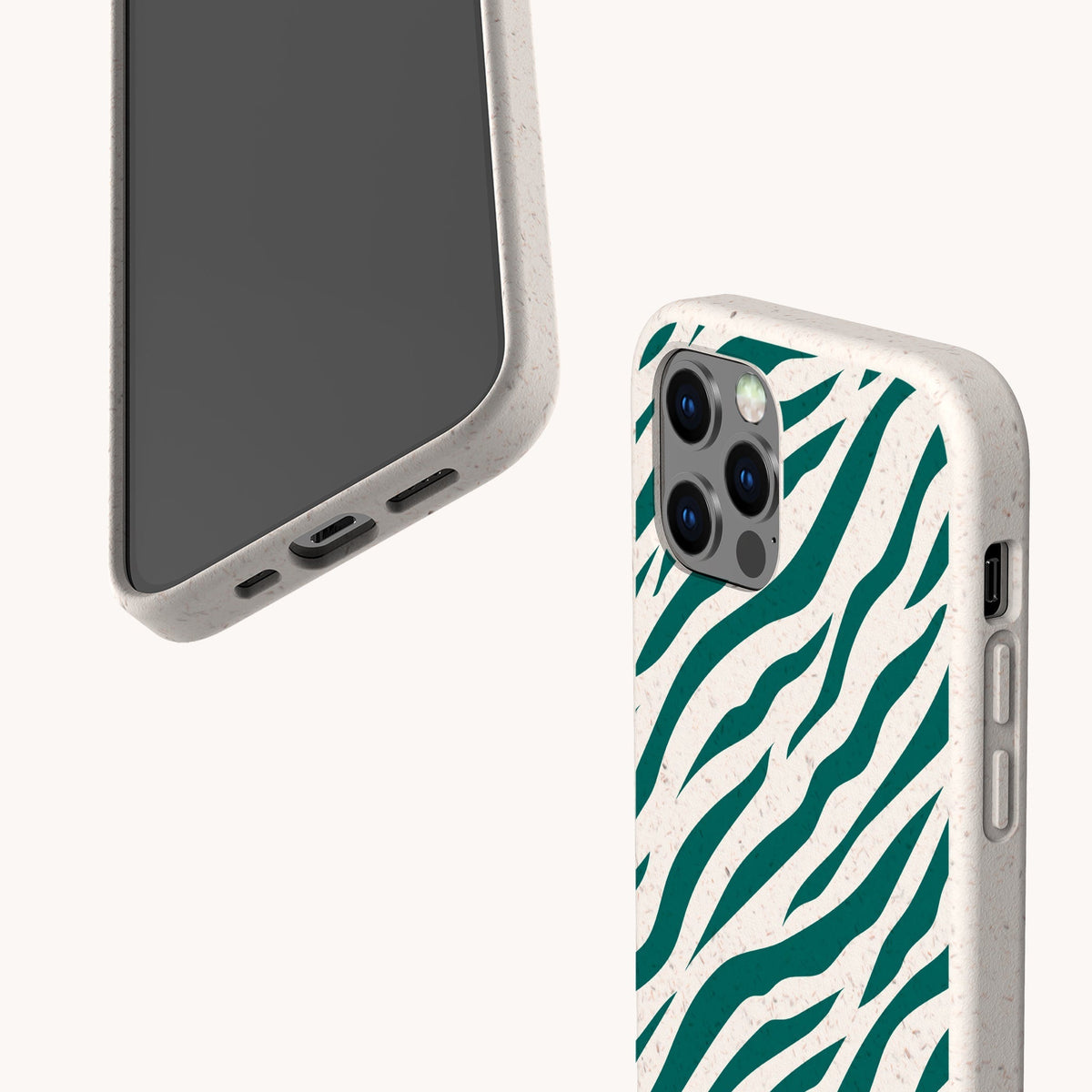 Two smartphones featuring the Green Zebra Stripes Eco-Friendly Phone Case in speckled beige: one phone displays the screen, while the other reveals the case’s back with green zebra stripes and visible camera lenses.