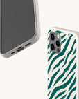 Two smartphones featuring the Green Zebra Stripes Eco-Friendly Phone Case in speckled beige: one phone displays the screen, while the other reveals the case’s back with green zebra stripes and visible camera lenses.
