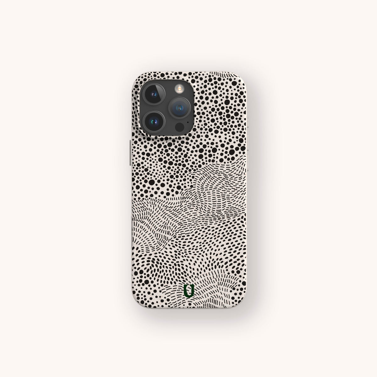 A Mini Strokes Eco-Friendly Biodegradable Phone Case featuring a black and white abstract dotted and wavy pattern is displayed on a plain light background.