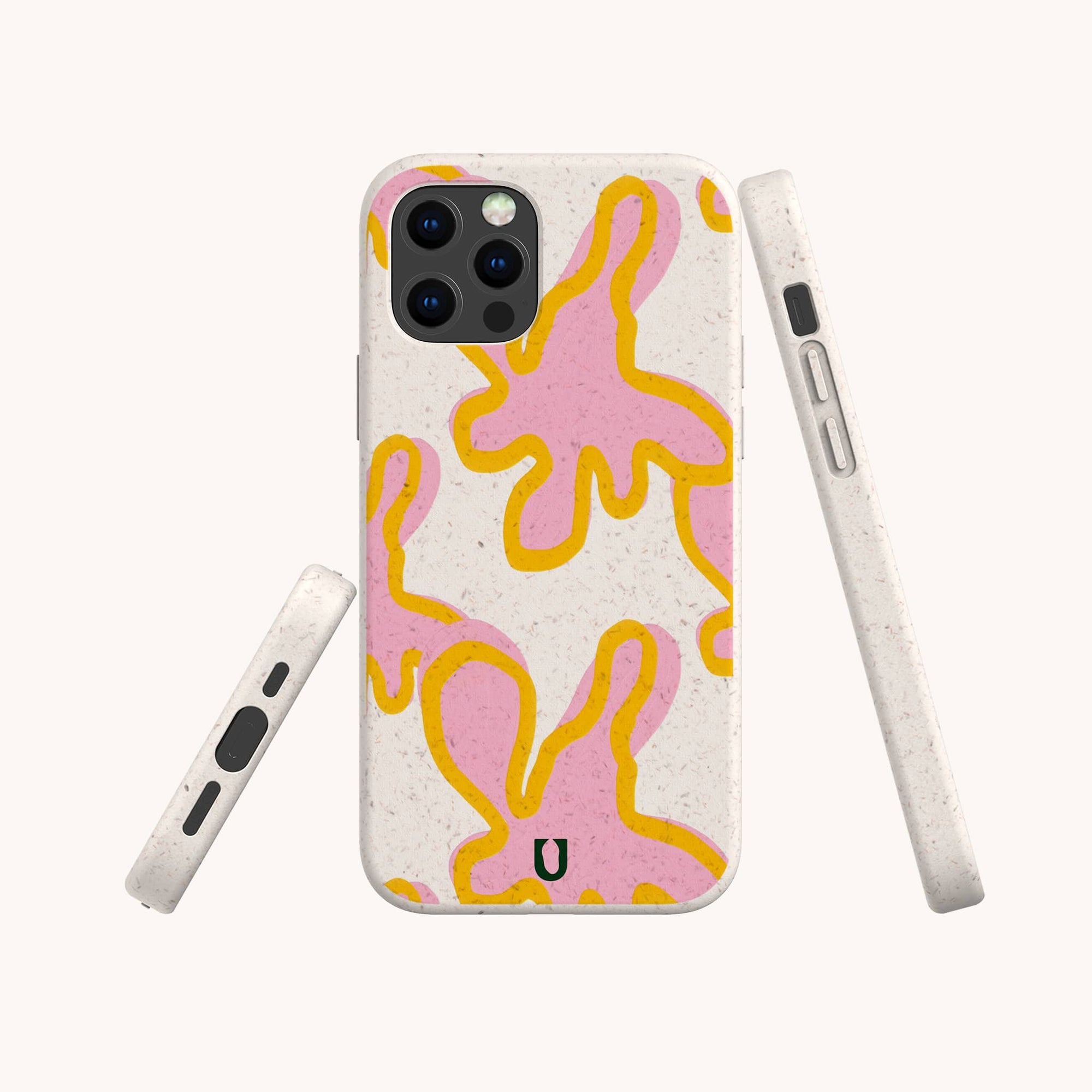 The Pink Abstract Flowers Eco-Friendly Phone Case features a speckled beige background with abstract pink shapes outlined in yellow, shown from back, side, and bottom views. Made with climate-positive materials, it has a black "U" logo at the bottom center.