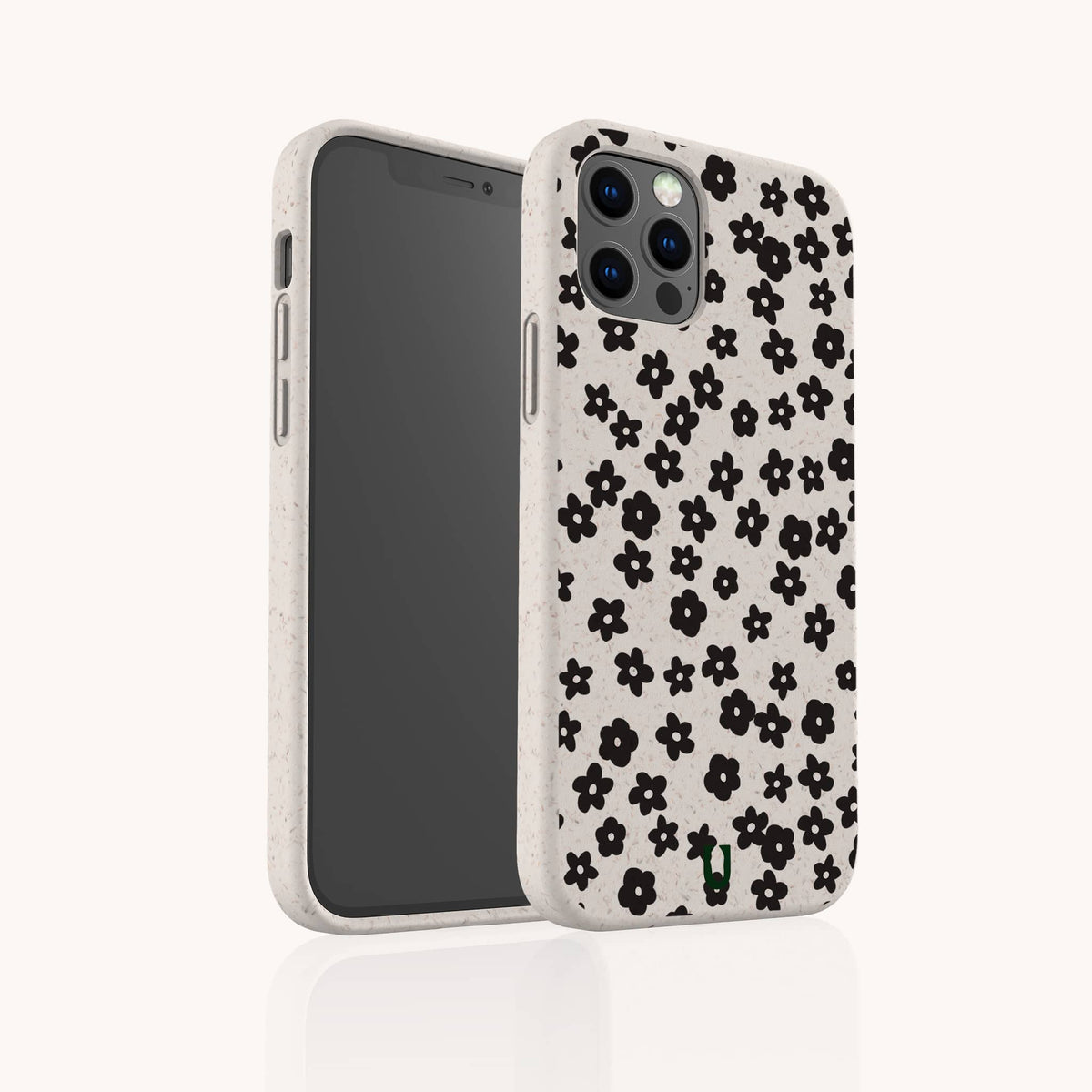 The Little Black Flowers Eco-Friendly Biodegradable Phone Case is a light-colored, sustainable phone cover featuring a delicate pattern of small black flowers. The image shows both the front and back of the case against a plain background.