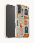 Two smartphones in beige, eco-friendly phone cases; one case is the Monkey See Monkey Do Eco-Friendly Biodegradable Phone Case, featuring a vibrant pattern of palm trees, animals, and abstract shapes on a tiled background. The other phone is shown with its screen facing forward. Each plastic-free phone case delivers stylish protection while supporting a sustainable lifestyle.