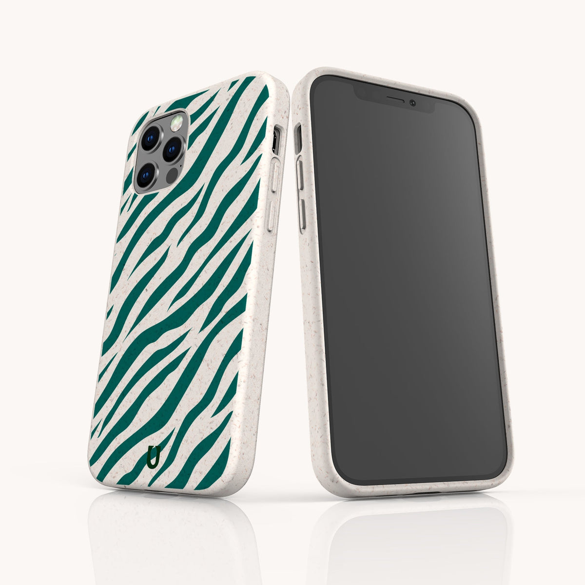 Two Green Zebra Stripes Eco-Friendly Phone Cases in white are shown: one facing front to display the screen, and the other angled to reveal the back’s triple camera and bold green zebra stripe pattern. Each case features a small logo near the bottom and is crafted from biodegradable materials, making these cases a stylish choice for conscious consumers.