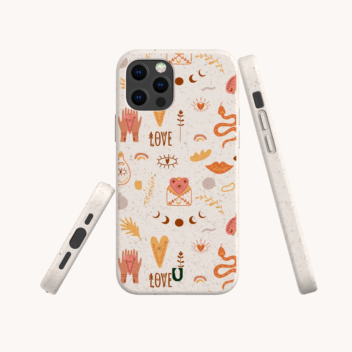 Three views of the Love Potion Eco-Friendly Phone Case, featuring a whimsical pattern with eyes, moons, hands, hearts, plants, snakes, and the words LOVE U in earthy tones on a light background. Perfect for sustainable gifting or anyone searching for a unique heart pattern phone case.