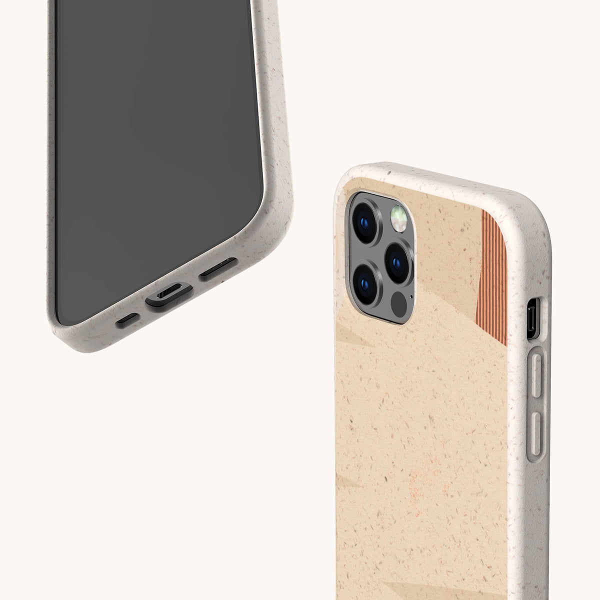 Two smartphones in beige, speckled Abstract Strokes Eco-Friendly Biodegradable Phone Cases are shown. One phone displays its screen and charging port, while the other reveals the back, dual camera lenses, and a subtle wooden accent on the case. These sustainable cases combine reliable protection with an eco-conscious design—ideal for anyone who values both style and environmental responsibility.