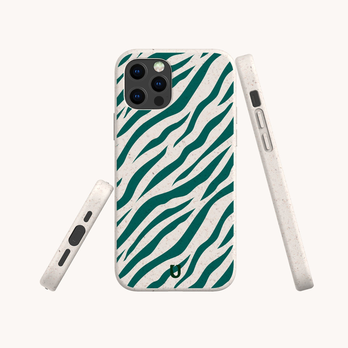The Green Zebra Stripes Eco-Friendly Phone Case features a striking green and white wavy zebra stripe design and is displayed from various angles to showcase its camera cutout, buttons, and ports.