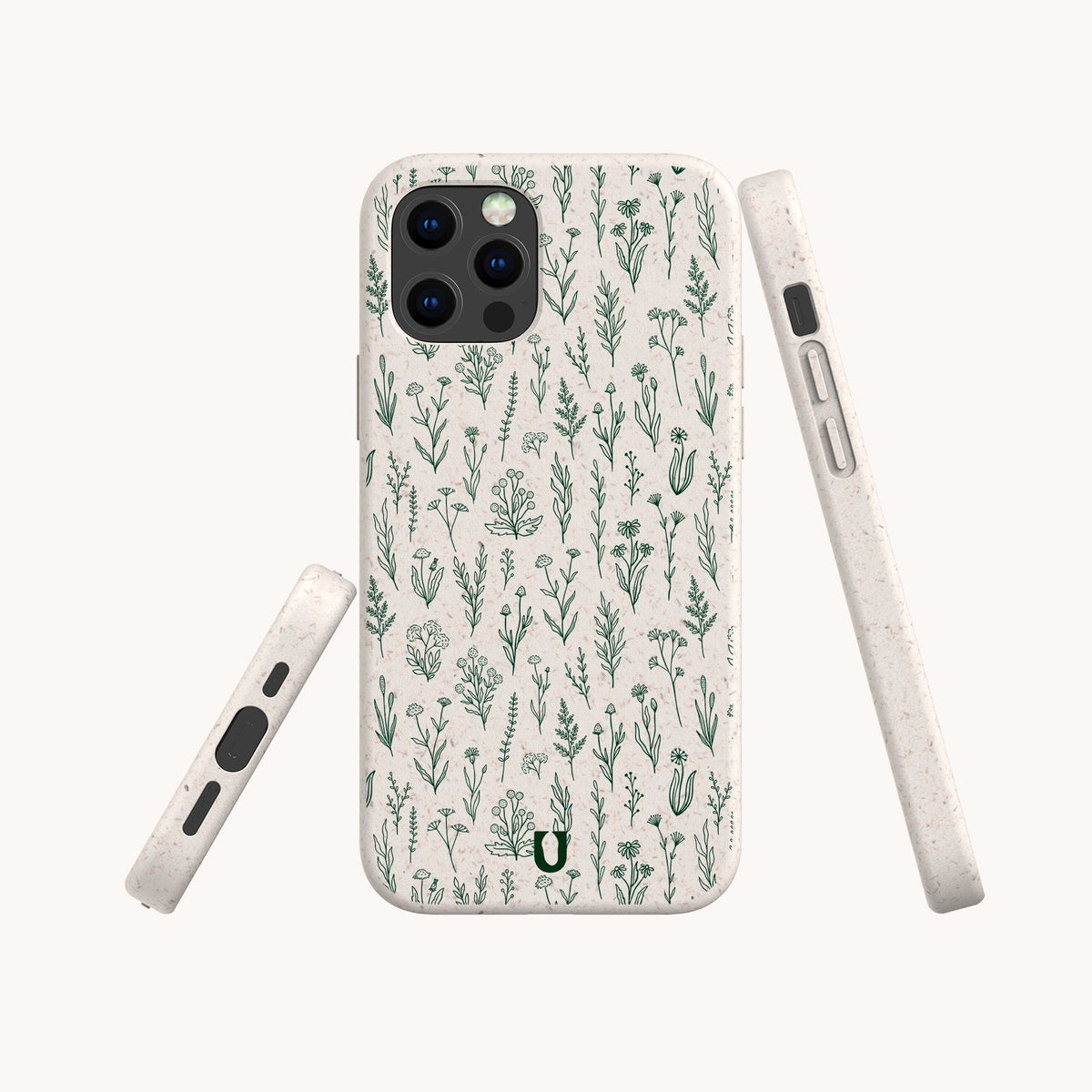 The Green Wild Flowers Eco-Friendly Phone Case is displayed from three angles—back, side, and bottom—to showcase its beige color with green botanical illustrations, as well as the floral design details and accurate cutouts for ports and buttons.