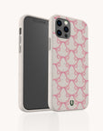 Two views of a smartphone in the Pink Bow Ribbons Eco-Friendly Biodegradable Phone Case, which features a beige background with a repeating pattern of pink bows and ribbons. The eco-friendly, biodegradable phone case also displays a small green and black U logo at the bottom.