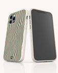 Two smartphones in beige cases are shown: one displays the screen, while the other reveals the Green Distorted Lines Eco-Friendly Phone Case’s wavy green and beige striped pattern, showcasing this eco-friendly case that is compatible with both iPhone and Samsung devices.