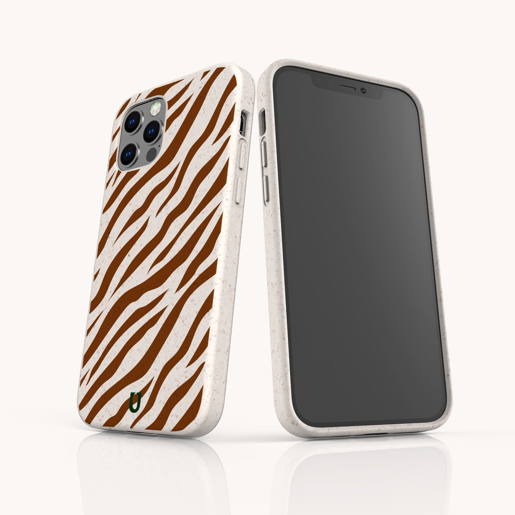 Two smartphones with Brown Zebra Eco-Friendly Phone Case featuring brown and white zebra stripes; one shows the back, one the front. The white-bordered cases have a small green logo and fit iPhone and Samsung Galaxy models.