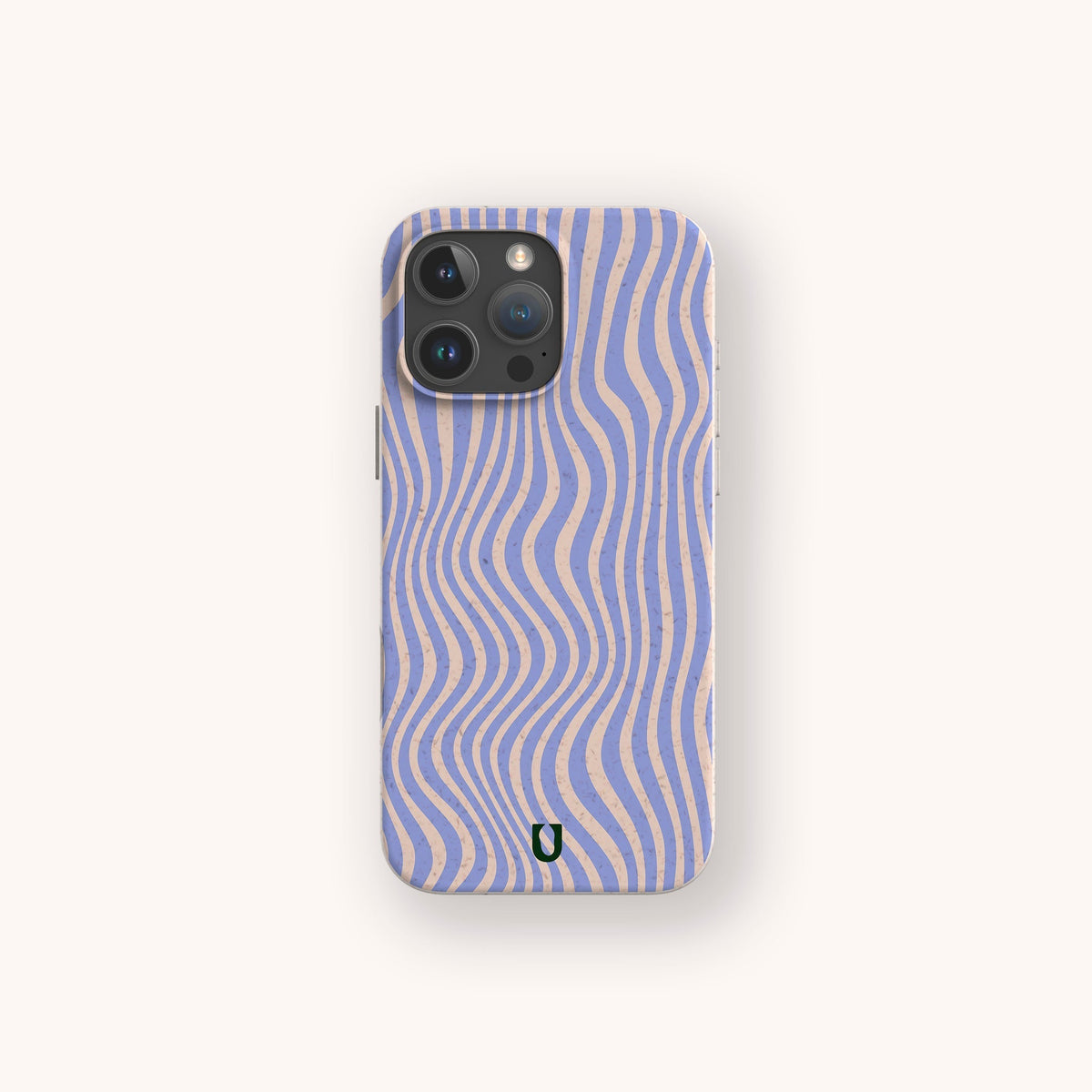 A smartphone with the Blue Distort Lines Eco-Friendly Phone Case, featuring wavy blue and beige stripes and a small horseshoe symbol at the bottom, displayed on a plain light background.