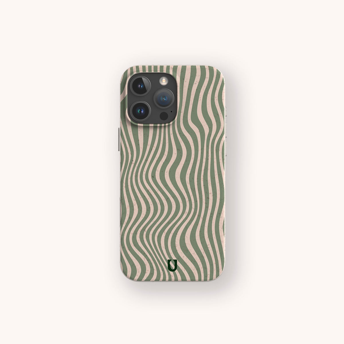 A smartphone with the Green Distorted Lines Eco-Friendly Phone Case, featuring wavy green and beige lines and a small horseshoe logo at the bottom center. The phone is displayed vertically on a light background.