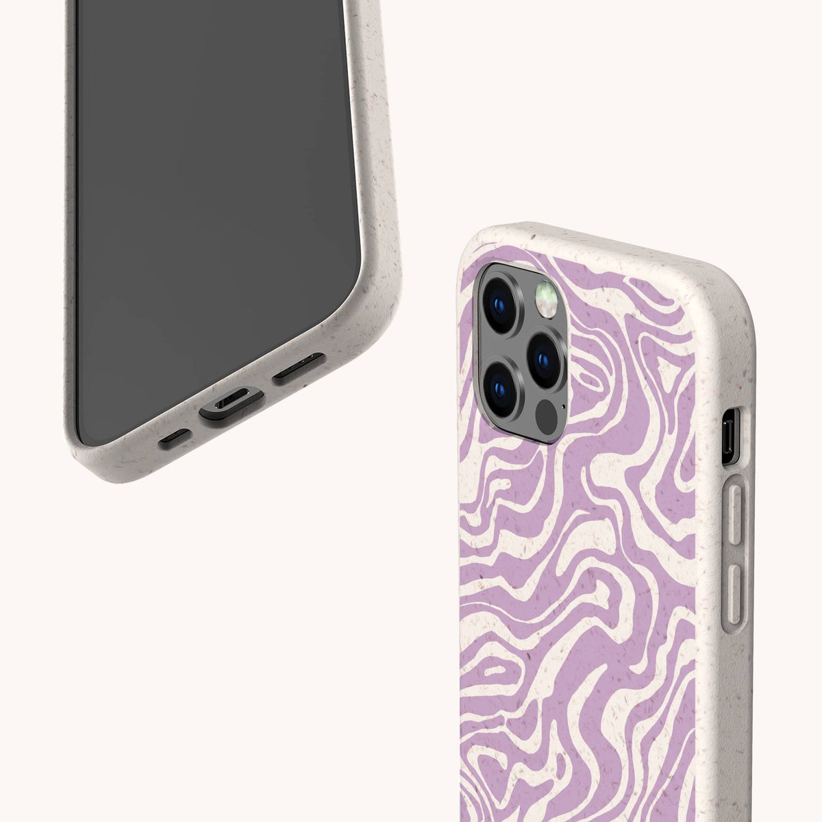 Showcasing two smartphones in beige cases, one presents the screen while the other reveals the Purple Marble Swirl Eco-Friendly Phone Case’s signature purple and white abstract wavy pattern on its textured back. Both cases feature visible cutouts for buttons and ports, blending stylish design with sustainable materials to support eco-friendly choices.