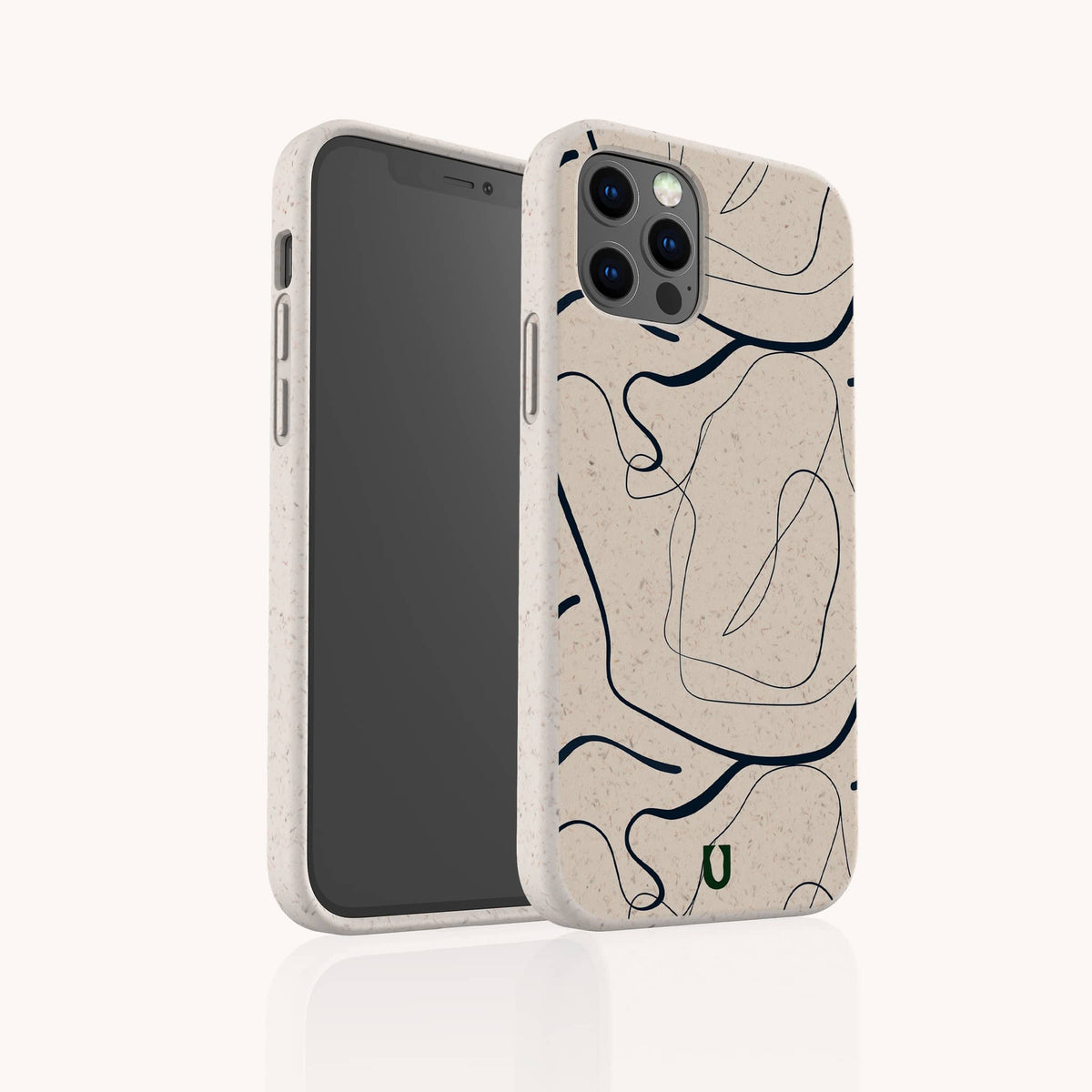 Two smartphones in beige Abstract Swirling Lines Eco-Friendly Phone Cases—featuring navy and tan swirling designs—stand upright on a white background. The front phone displays its screen, while the back phone highlights the artistic case design and a subtle green logo at the bottom. Compatible with iPhone and Samsung Galaxy models, these cases combine modern style with sustainability.