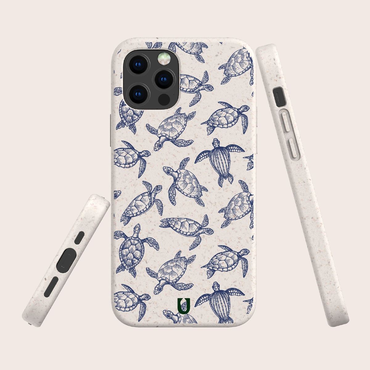 Turtles Eco-Friendly Phone Case displayed from the back and sides against a light background. Made with sustainable materials, this phone case features intricate blue sea turtle illustrations and precise cutouts for buttons and ports.